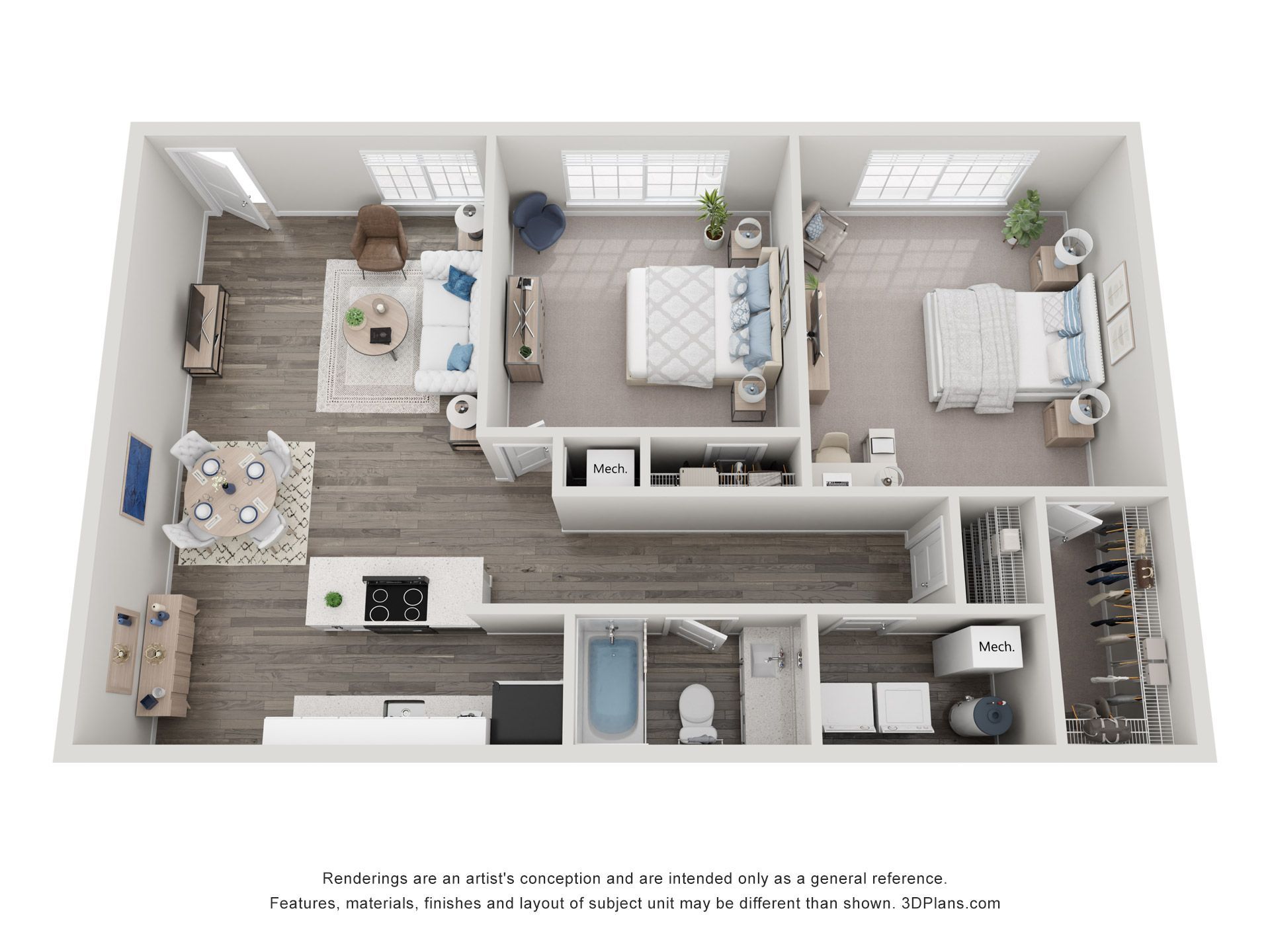 3D floor plan of a small apartment with bedroom, bathroom, kitchen, and dining area