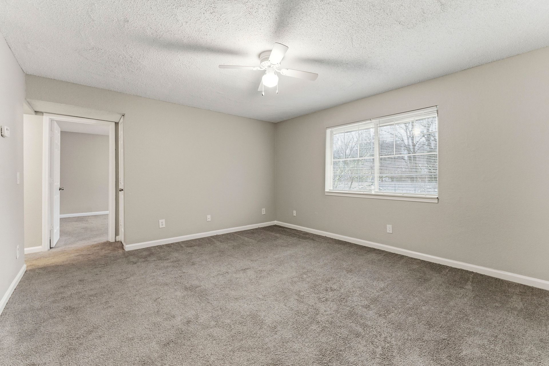 Empty carpeted bedroom with light gray walls, white ceiling fan, and window blinds