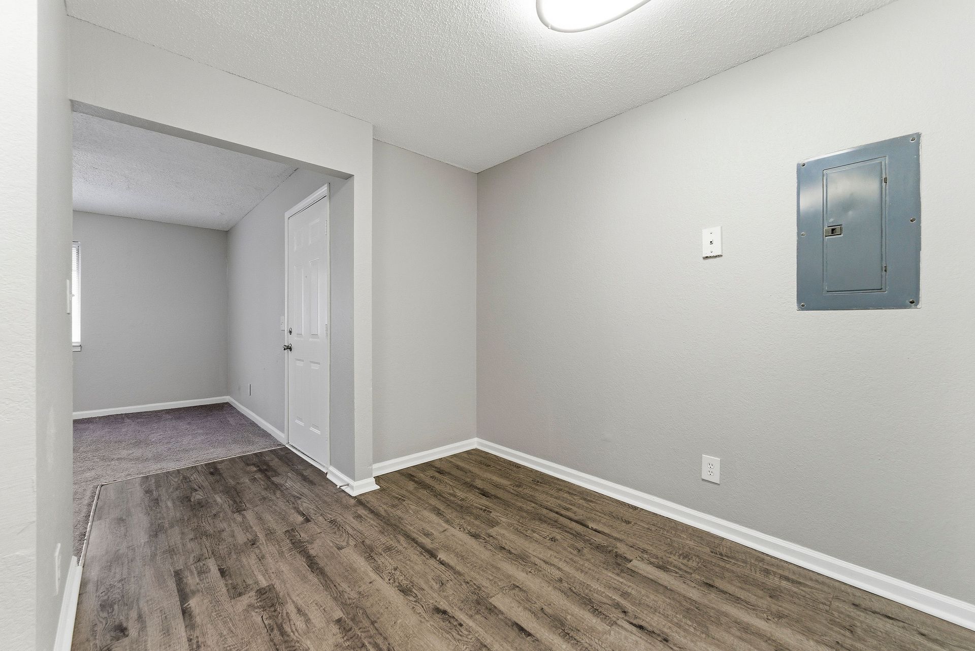 Empty interior room with gray walls, wood flooring, and a doorway leading to carpeted space