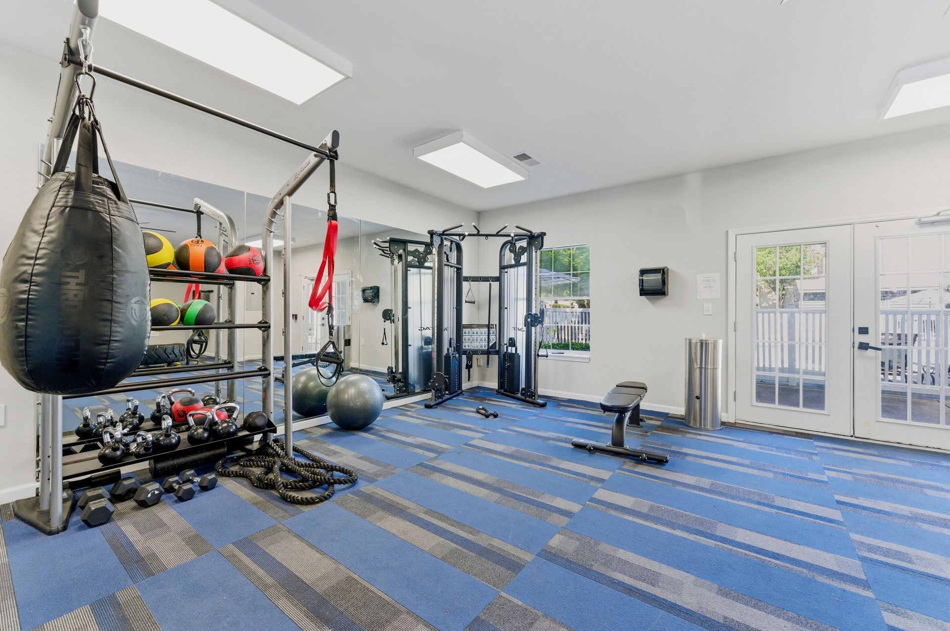 Bright home gym with blue carpet, dumbbells, cable machine, exercise ball, and punching bag