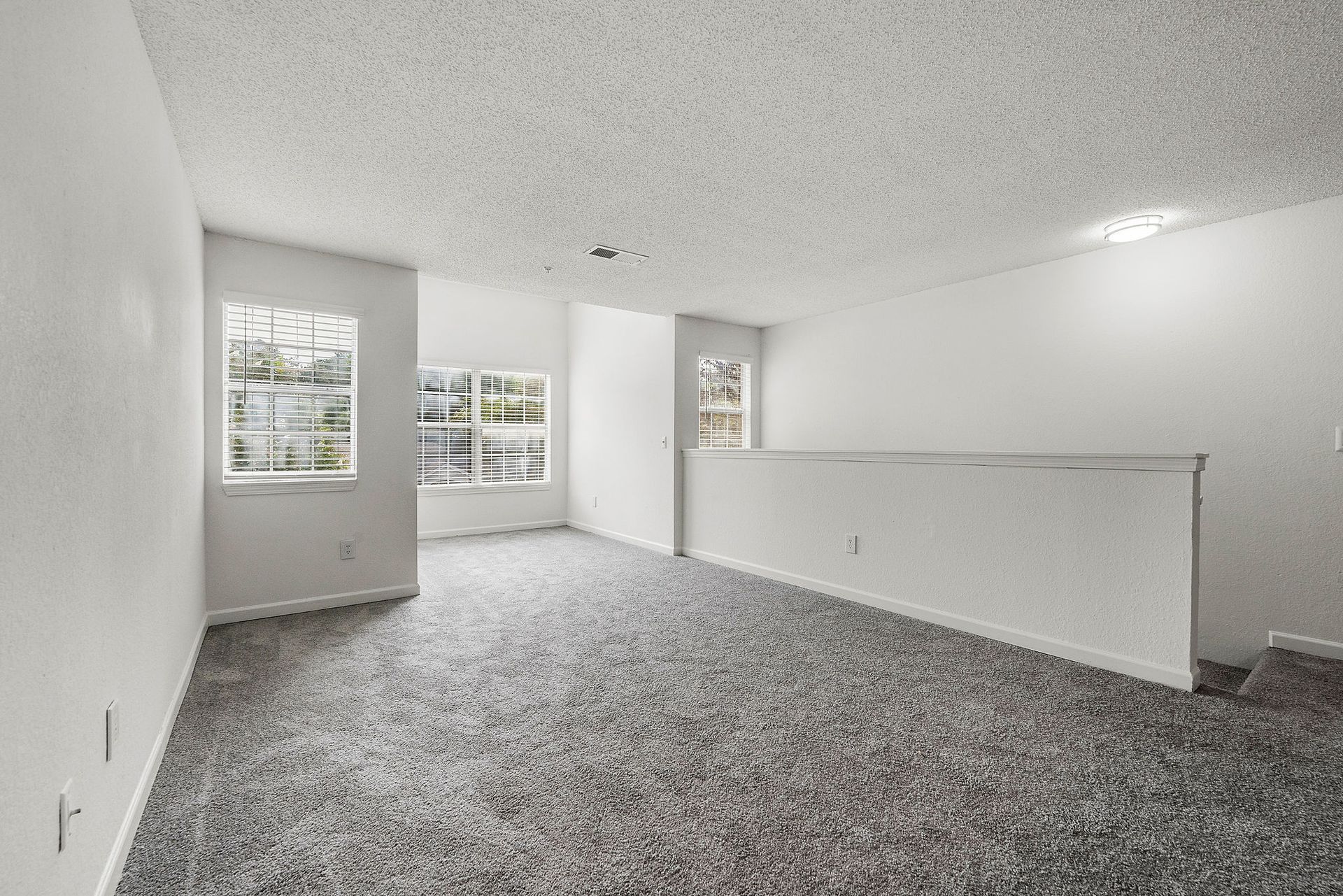 Empty carpeted living room with white walls and windows letting in daylight