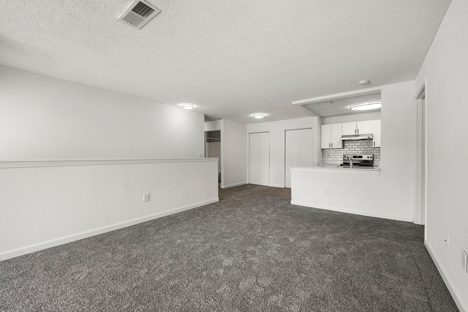Empty carpeted living room with white walls and open kitchen pass-through