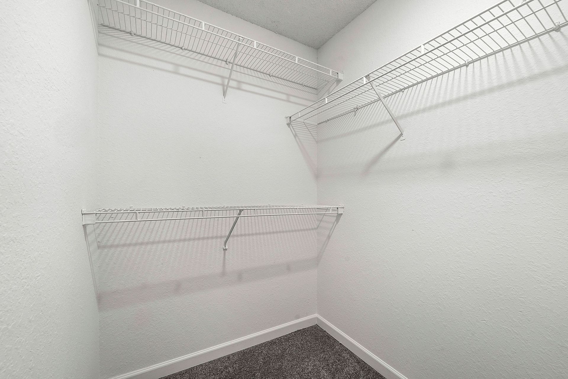 Empty white walk-in closet with wire shelving on two walls and carpeted floor