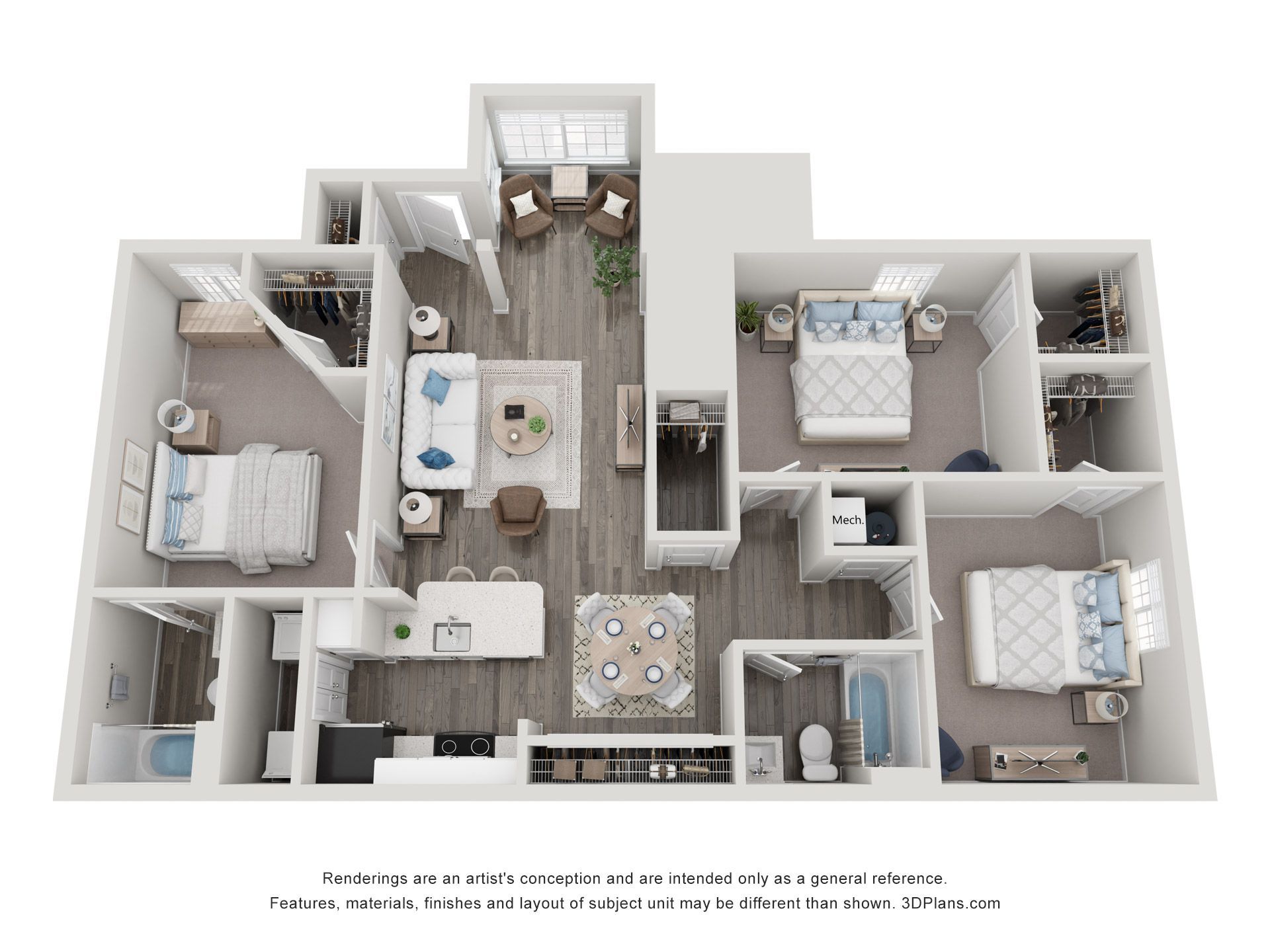 3D floor plan of a compact apartment with two bedrooms, central living area, kitchen, and bathrooms