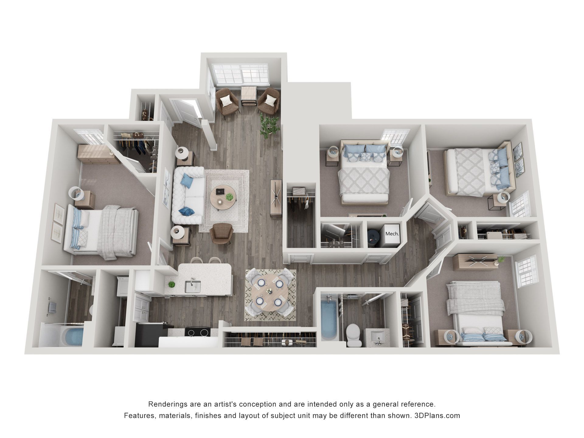 3D floor plan of a small apartment with bedrooms, bathroom, kitchen, and living area