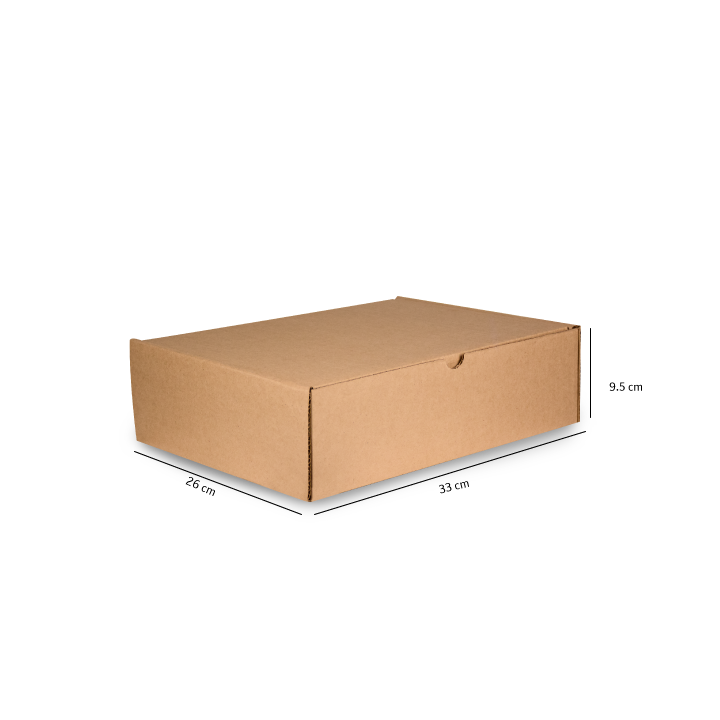 Caja de cartón marrón para envíos sobre fondo blanco con las dimensiones indicadas.
