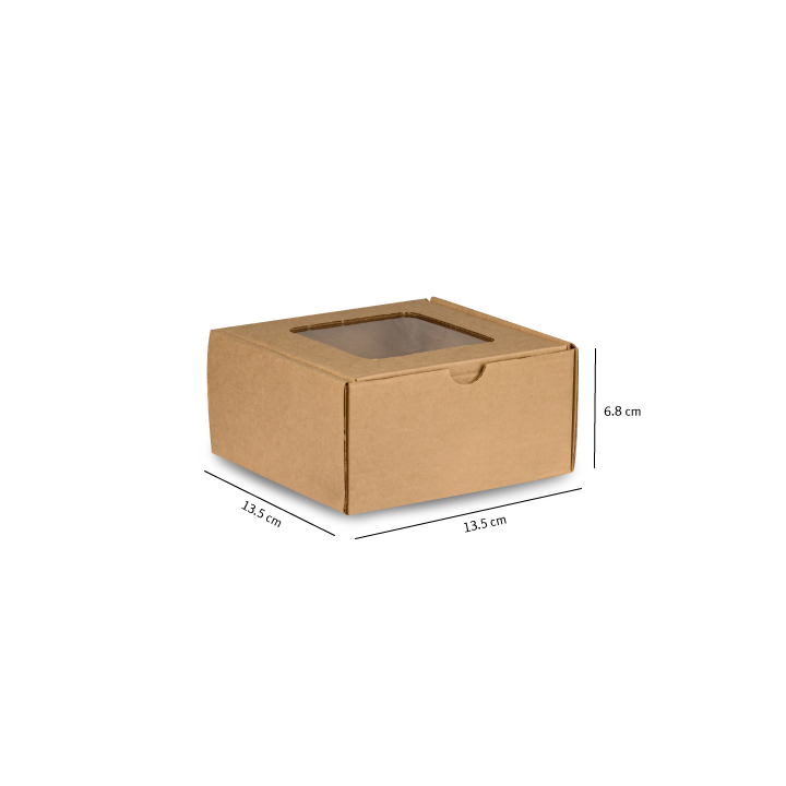 Caja de cartón marrón con tapa transparente, cuyas dimensiones se muestran sobre un fondo blanco.