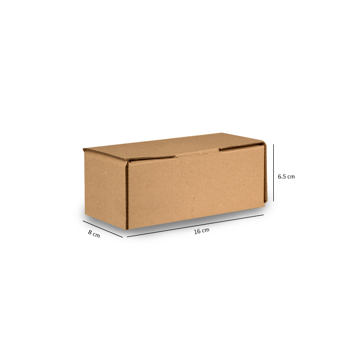 Caja de cartón marrón para envíos con las dimensiones indicadas sobre un fondo blanco.