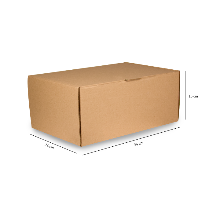 Caja de cartón marrón para envíos con las dimensiones indicadas sobre un fondo blanco.