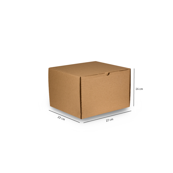 Caja de cartón marrón para envíos sobre fondo blanco, etiquetada con las dimensiones 20 cm x 20 cm x 14 cm.