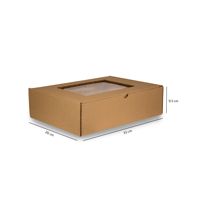 Caja de almacenamiento de cartón marrón con tapa transparente, cuyas dimensiones se muestran en pulgadas.