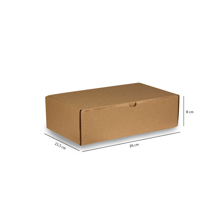 Caja de cartón marrón con tapa, mostrada en perspectiva sobre un fondo blanco, con sus dimensiones indicadas.