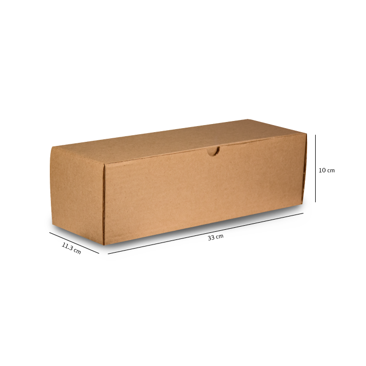 Caja de almacenamiento de cartón marrón con tapa, cuyas dimensiones se muestran en centímetros.