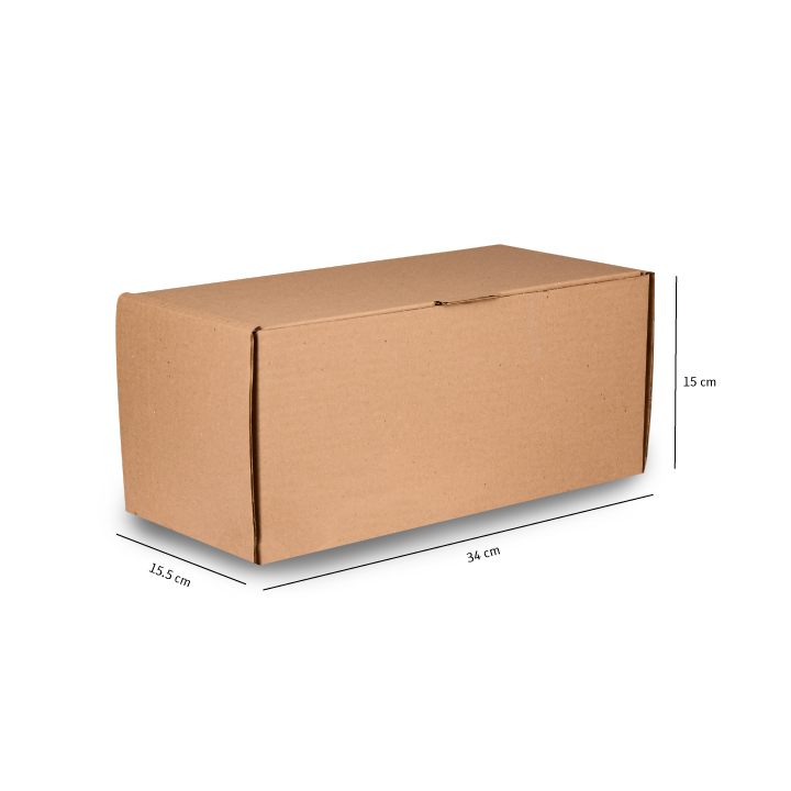 Caja de cartón marrón para envíos con las dimensiones indicadas sobre un fondo blanco.