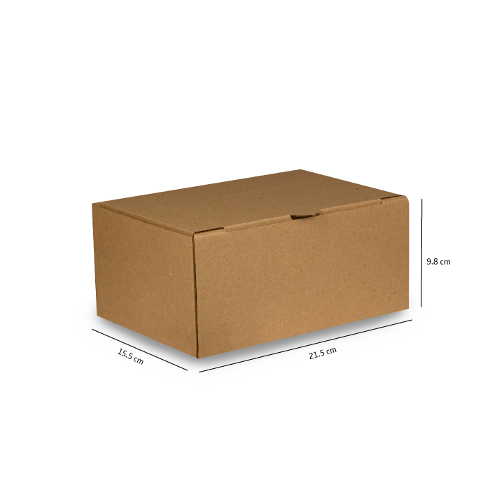 Caja de cartón marrón para envíos con tapa, mostrada sobre un fondo blanco con las dimensiones indicadas.