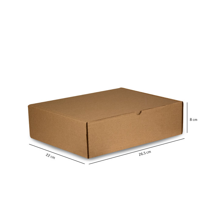 Caja de cartón corrugado marrón sobre fondo blanco, con las dimensiones indicadas.