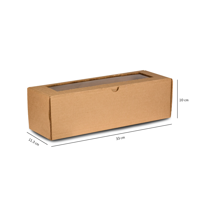 Caja de almacenamiento de cartón marrón con tapa transparente y asa lateral, con dimensiones indicadas.