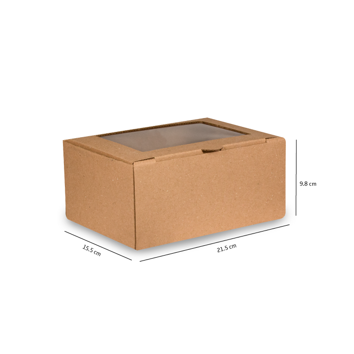 Caja de cartón marrón con tapa transparente, mostrada sobre fondo blanco con las dimensiones indicadas.