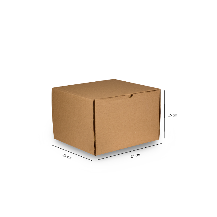 Caja de cartón marrón con las dimensiones marcadas sobre un fondo blanco.