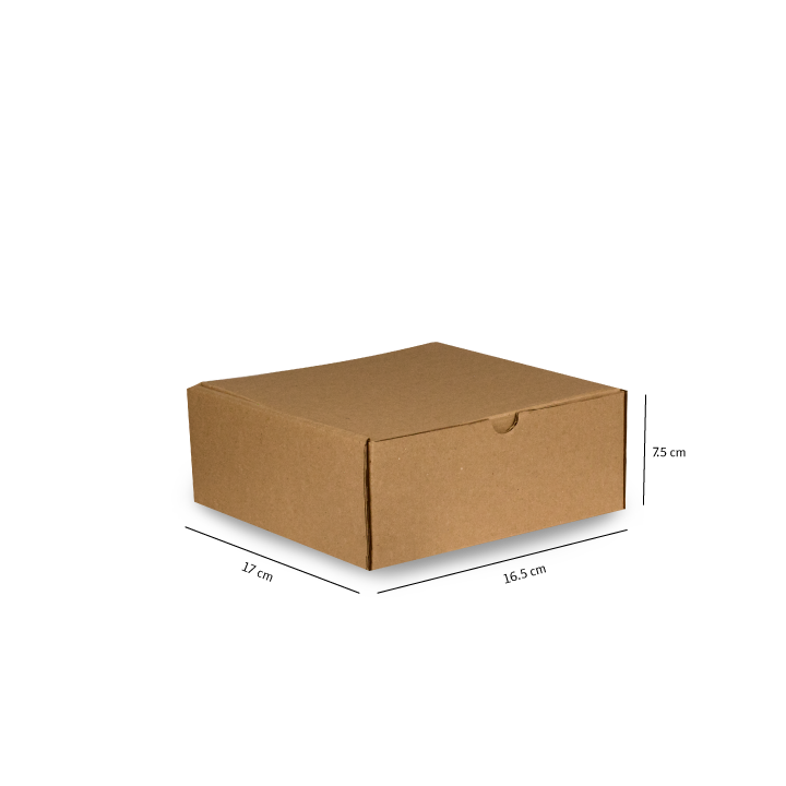 Caja de cartón marrón para envíos sobre fondo blanco, mostrada en vista de tres cuartos con las dimensiones indicadas.