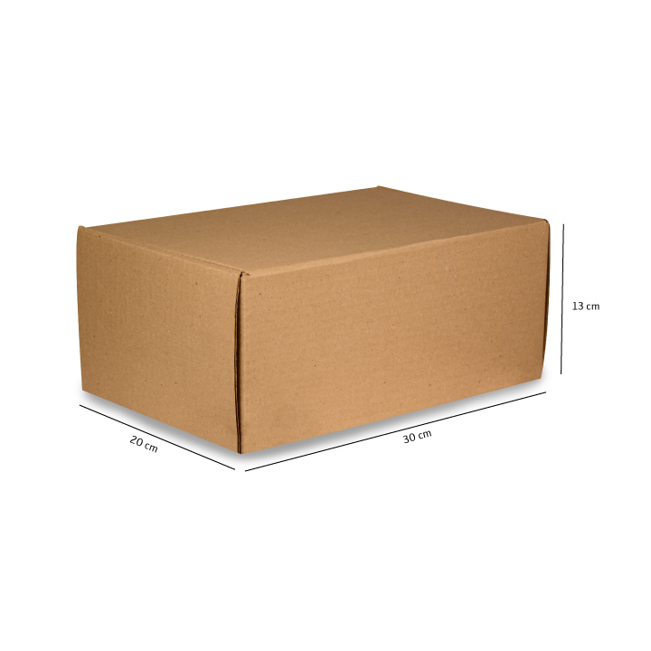 Caja de cartón marrón para envíos sobre fondo blanco con las dimensiones marcadas.