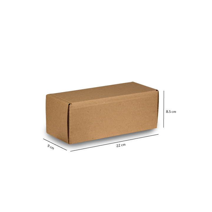 Caja de cartón marrón para envíos con las dimensiones indicadas sobre un fondo blanco.