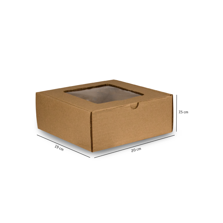 Caja de cartón marrón con tapa transparente, con las dimensiones indicadas.