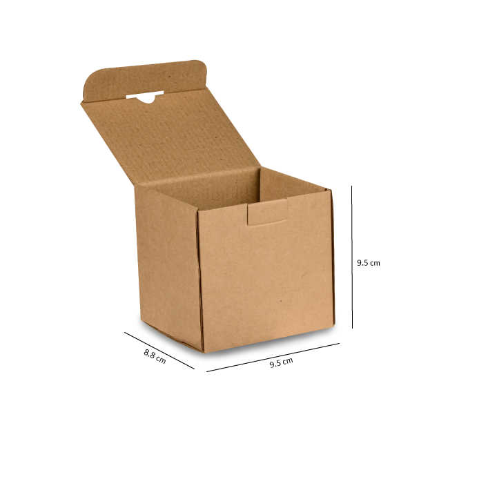 Caja de cartón corrugado marrón para envíos, con tapa abierta, cuyas dimensiones se muestran sobre un fondo blanco.