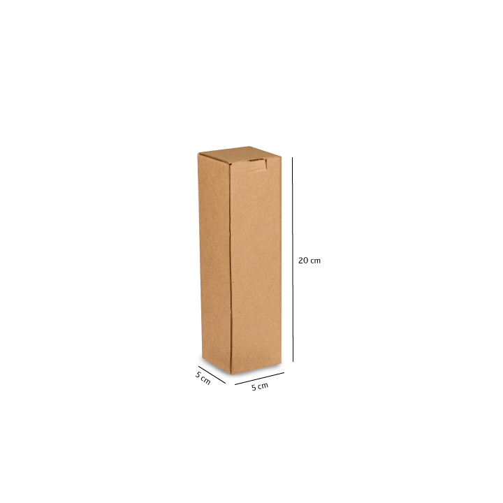 Caja alta de cartón marrón, de 20 cm de altura, mostrada sobre un fondo blanco con las dimensiones indicadas.