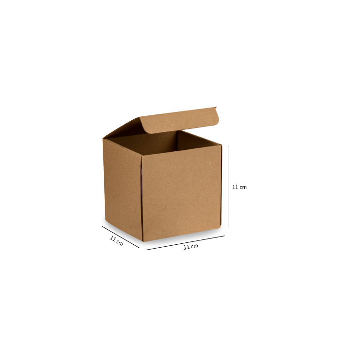 Caja de cartón marrón abierta con las solapas de la tapa levantadas, con marcas de dimensiones.