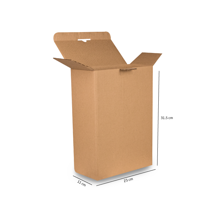 Caja de cartón marrón abierta con las solapas abiertas, con las dimensiones indicadas.