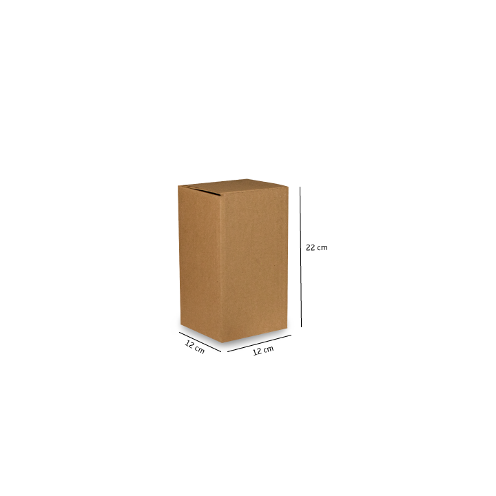 Caja de cartón marrón con las dimensiones indicadas sobre un fondo blanco.