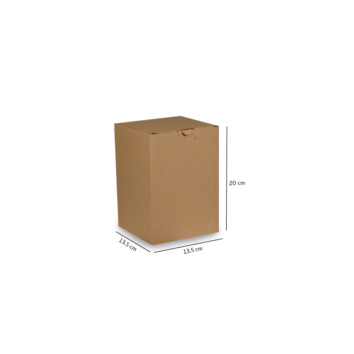 Caja de cartón marrón con las dimensiones indicadas sobre un fondo blanco.