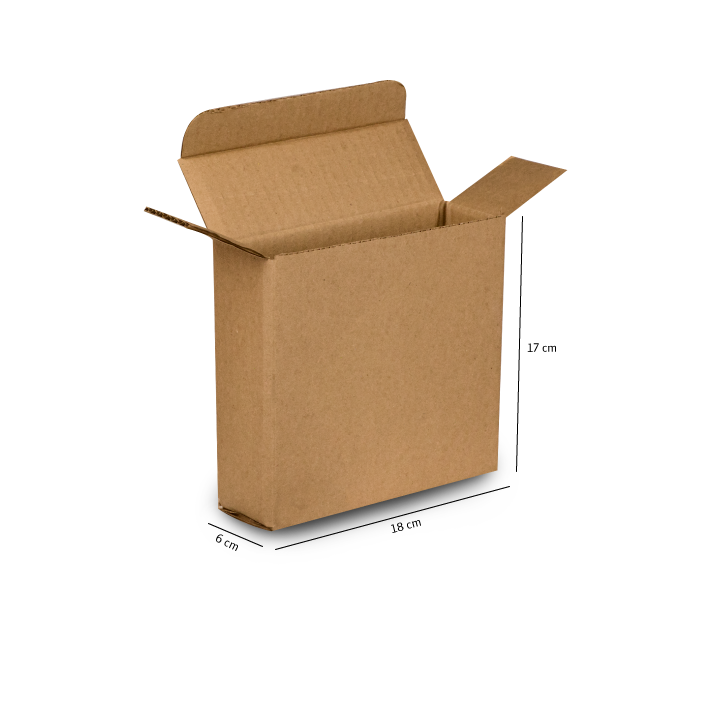 Caja de cartón marrón abierta con las solapas abiertas, con las dimensiones indicadas.