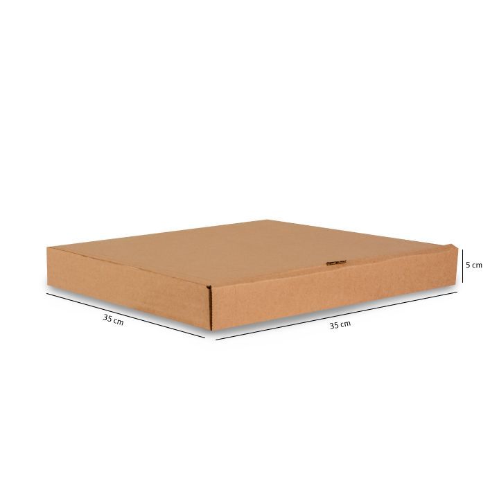 Tapa de caja de cartón marrón, mostrada plana con las dimensiones marcadas sobre un fondo blanco.
