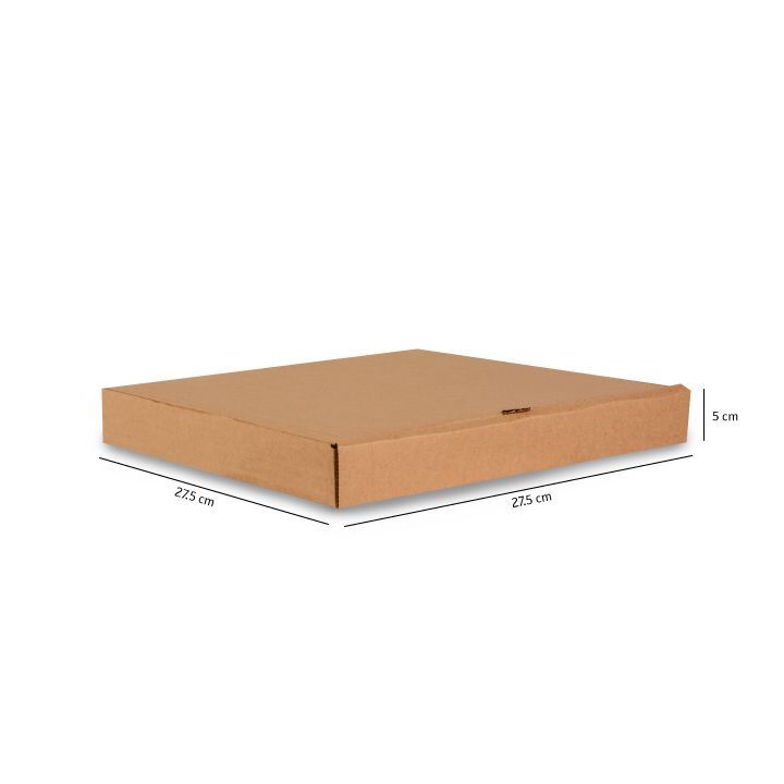 Caja de cartón marrón plana con las dimensiones indicadas sobre un fondo blanco.