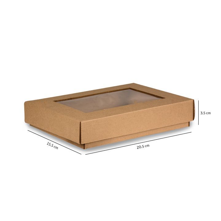 Caja de regalo de cartón marrón con tapa transparente, mostrada en 3D con las dimensiones indicadas.