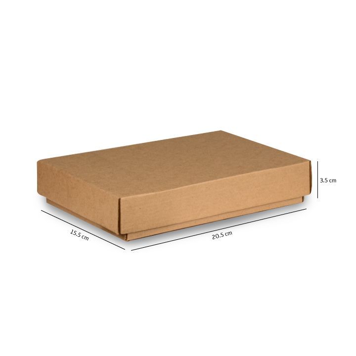 Caja de cartón marrón para envíos con tapa, mostrada en perspectiva con las dimensiones indicadas.
