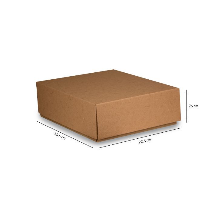 Caja de cartón marrón sobre fondo blanco con las dimensiones indicadas.