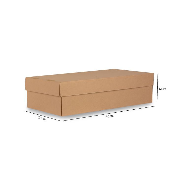 Caja rectangular de cartón marrón con tapa, mostrada en 3D sobre un fondo blanco con las medidas indicadas.