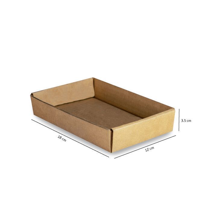 Caja de cartón marrón con laterales bajos sobre fondo blanco, con etiquetas de dimensiones.
