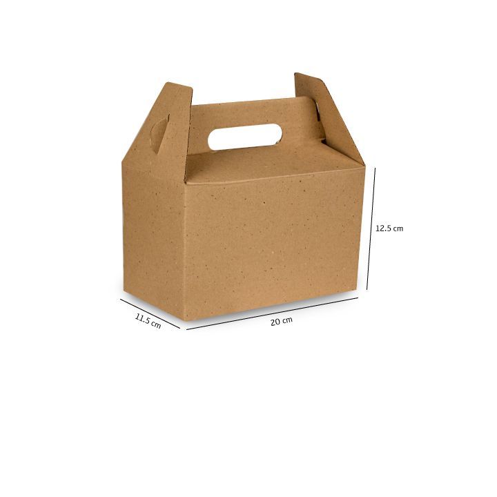 Caja de cartón marrón con asa sobre fondo blanco, con dimensiones indicadas.
