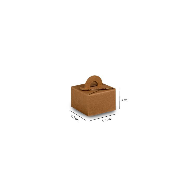 Caja de regalo cuadrada de color marrón con asa, cuyas dimensiones indicadas son 8,0 cm x 8,0 cm x 3 cm.