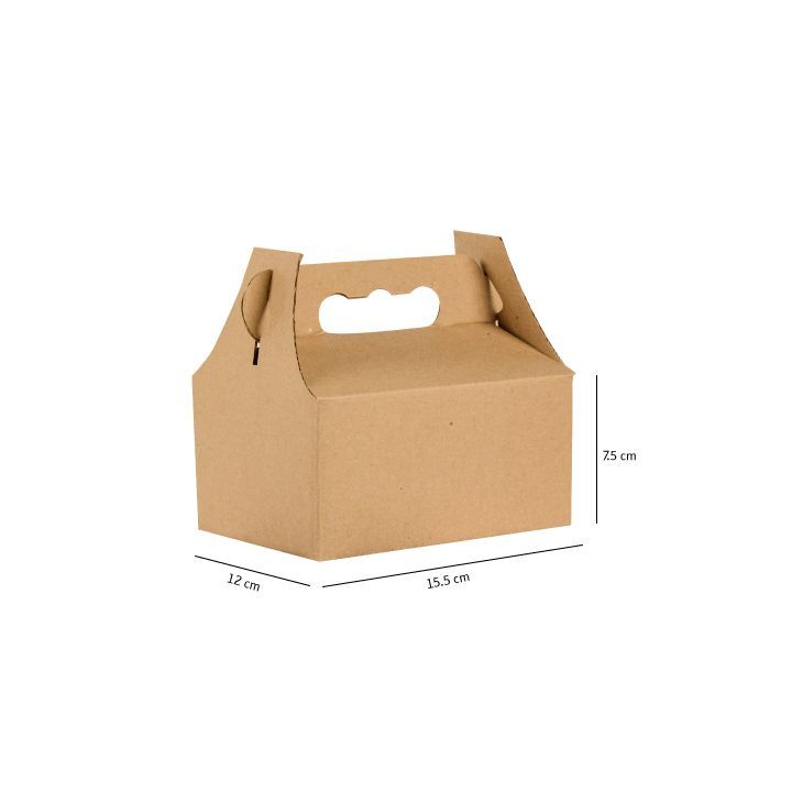 Caja de cartón marrón para llevar con asa sobre fondo blanco, con las dimensiones indicadas.