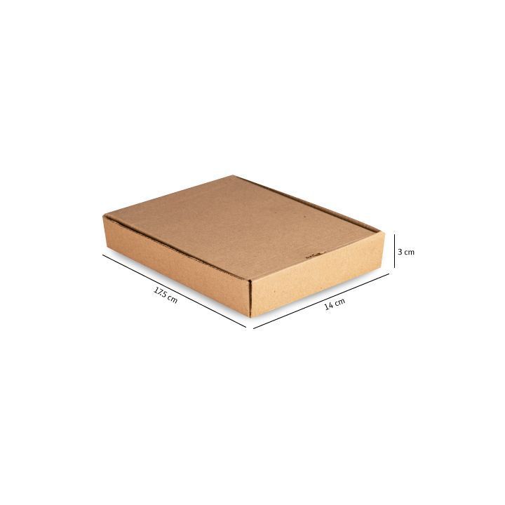 Caja plana de cartón marrón con tapa, mostrada en perspectiva sobre un fondo blanco.