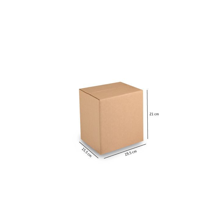 Caja de cartón marrón con dimensiones indicadas de 21 cm de alto y 31 cm de ancho.
