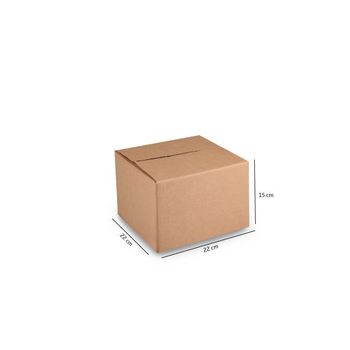 Caja de cartón marrón para envíos con dimensiones etiquetadas sobre un fondo blanco.