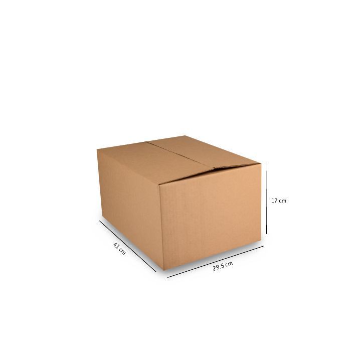 Caja de cartón para envíos sobre fondo blanco, mostrada cerrada en una vista de tres cuartos.