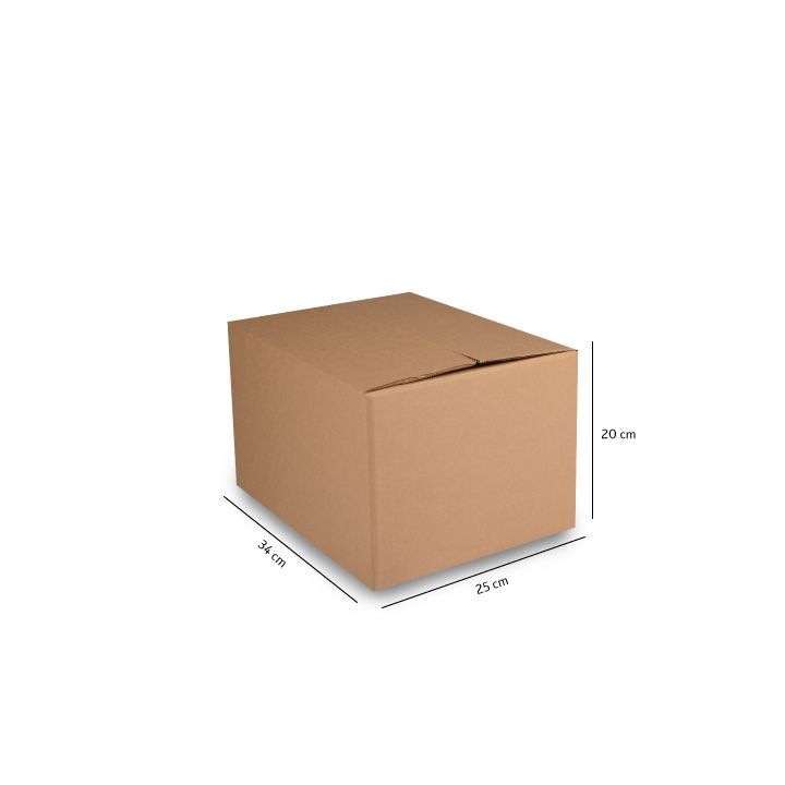 Caja de cartón marrón con las dimensiones indicadas sobre un fondo blanco.