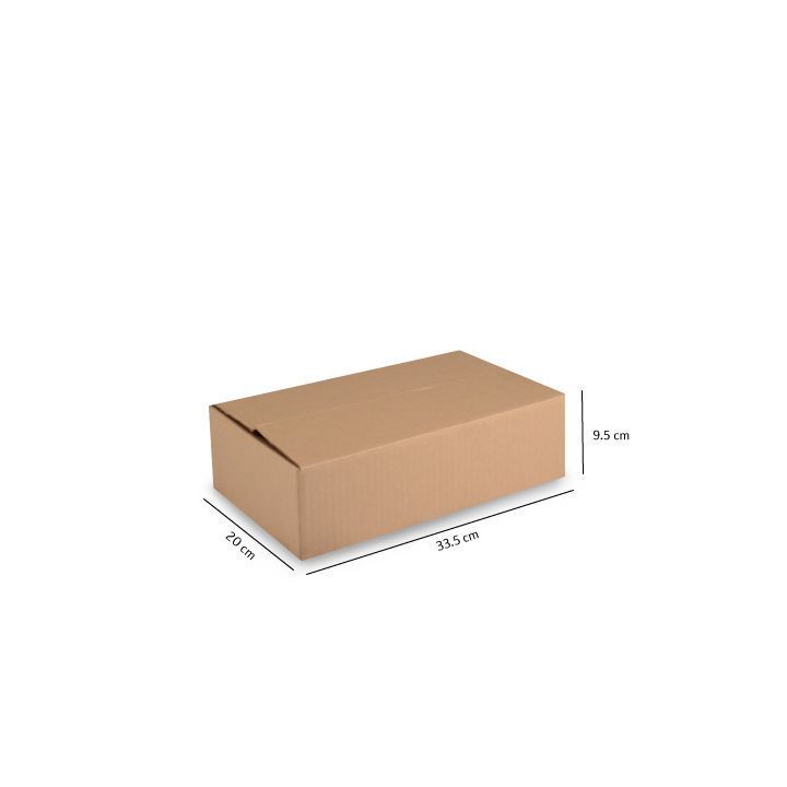Caja de cartón marrón con dimensiones indicadas sobre un fondo blanco.